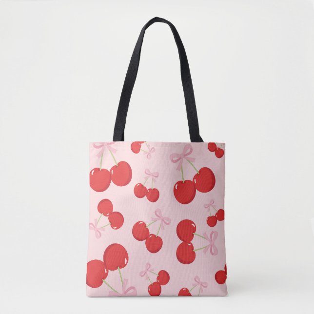 Red Cherries with Pink Bow Coquette Cottage Chic Tote Bag (Front)