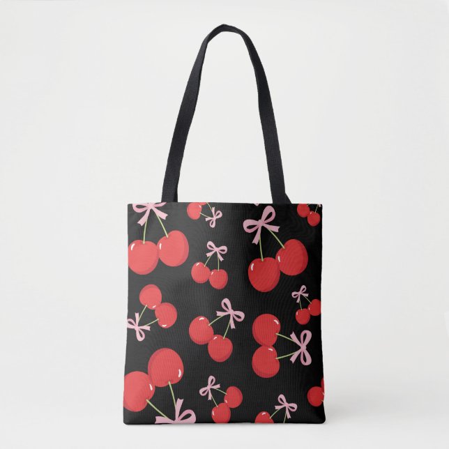 Red Cherries with Pink Bow Coquette Cottage Chic Tote Bag (Front)