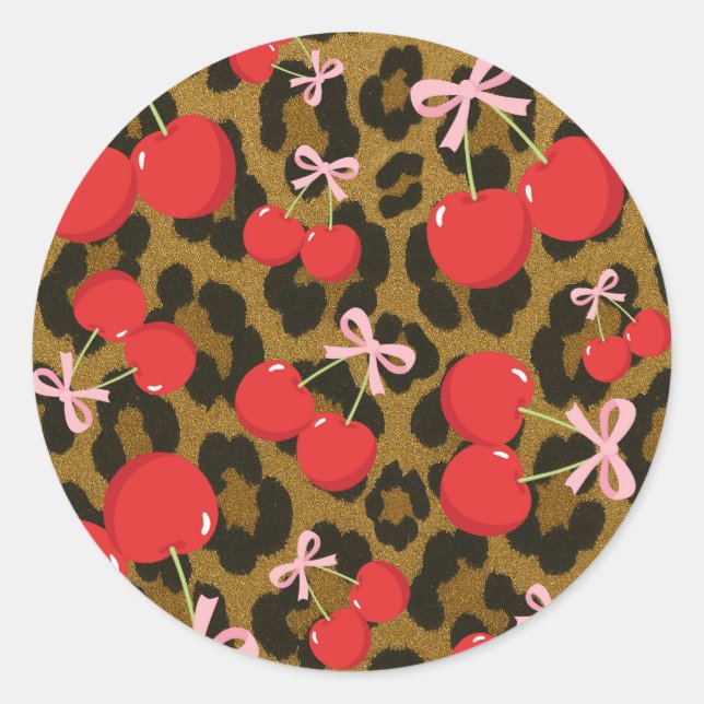 Red Cherries with Pink Bow Coquette Leopard Print Classic Round Sticker (Front)