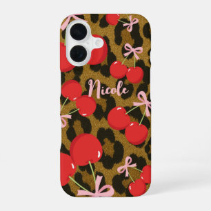 Red Cherries with Pink Bow Coquette Leopard Print iPhone 16 Case