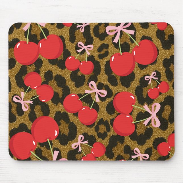 Red Cherries with Pink Bow Coquette Leopard Print Mouse Mat (Front)