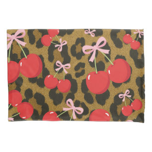 Red Cherries with Pink Bow Coquette Leopard Print Pillowcase