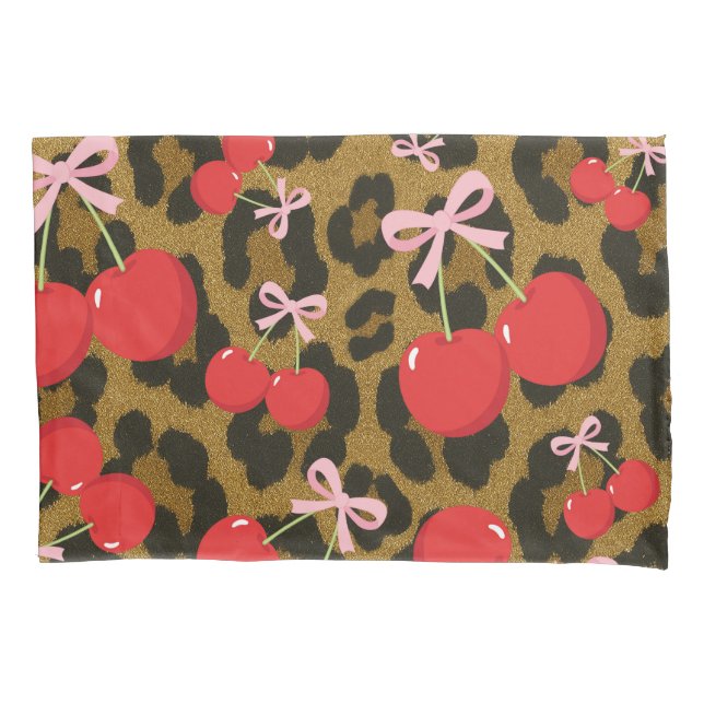 Red Cherries with Pink Bow Coquette Leopard Print Pillowcase (Front)