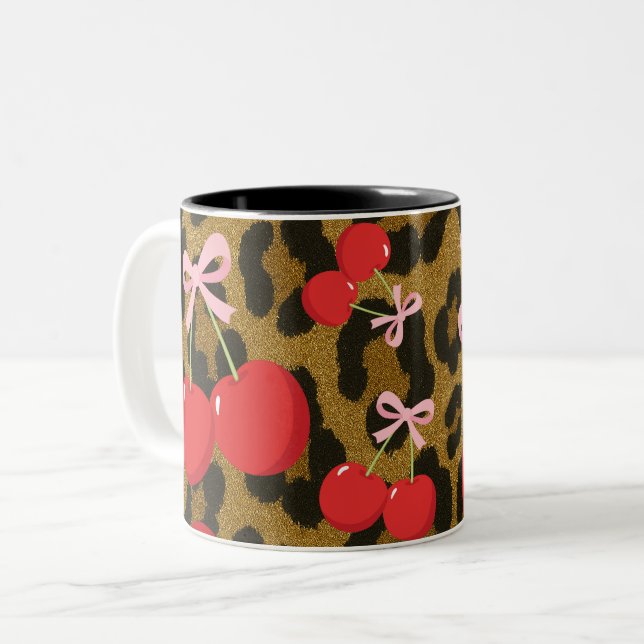 Red Cherries with Pink Bow Coquette Leopard Print Two-Tone Coffee Mug (Front Left)