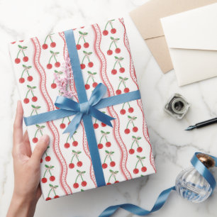 Red cherries with vertical wavy scalloped stripes wrapping paper