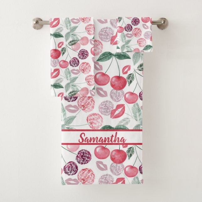 Red cherry berry fruit stylish bath towel set (Insitu)