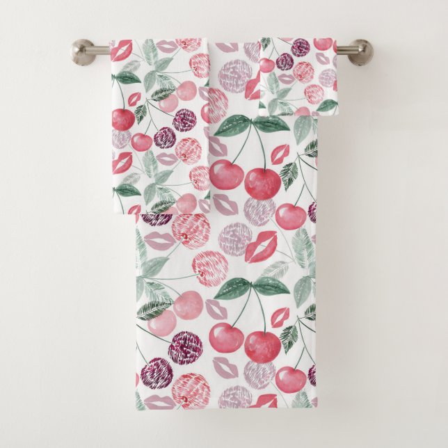 Red cherry berry fruit stylish bath towel set (Insitu)