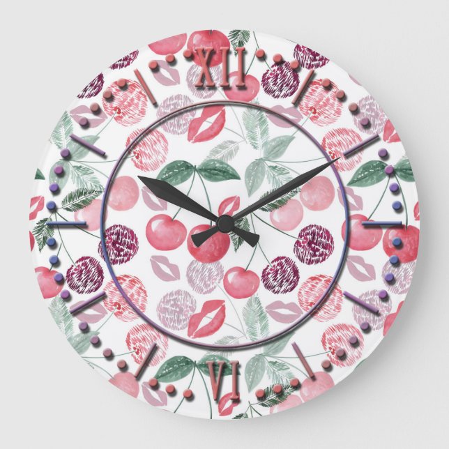 Red cherry berry fruit stylish large clock (Front)