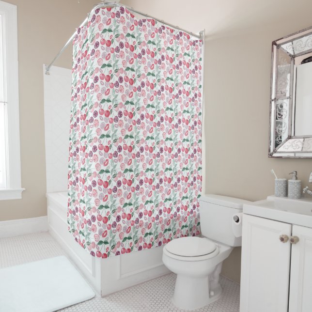 Red cherry berry fruit stylish shower curtain (In Situ)