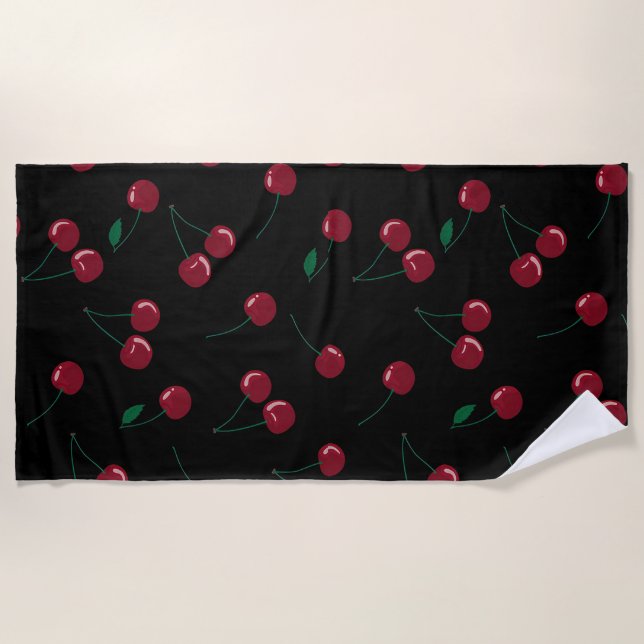 Red Cherry Black Beach Towel (Front)