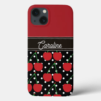 red cherry black polka dots vintage personalised iPhone 13 case