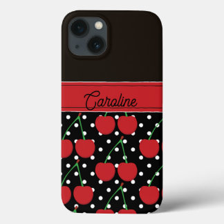 red cherry black polka dots vintage personalised iPhone 13 case