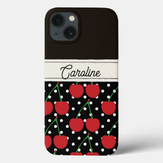 red cherry black polka dots vintage personalised iPhone 13 case