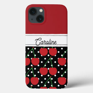 red cherry black polka dots vintage personalised iPhone 13 case