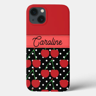 red cherry black polka dots vintage personalised iPhone 13 case