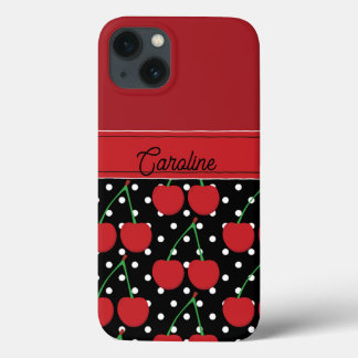 red cherry black polka dots vintage personalised iPhone 13 case