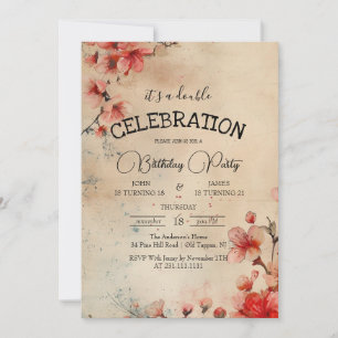 Red Cherry Bloom Beige Double Birthday Party  Invitation