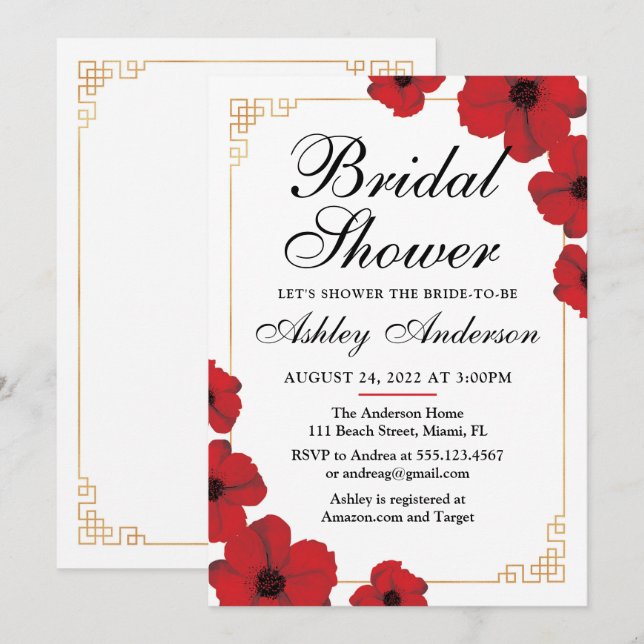 Red Cherry Blossom Chinese Bridal Shower Invitation (Front/Back)