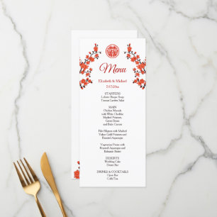 Red Cherry Blossom Chinese Wedding Menu Card