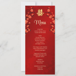 Red Cherry Blossom Chinese Wedding Menu Card