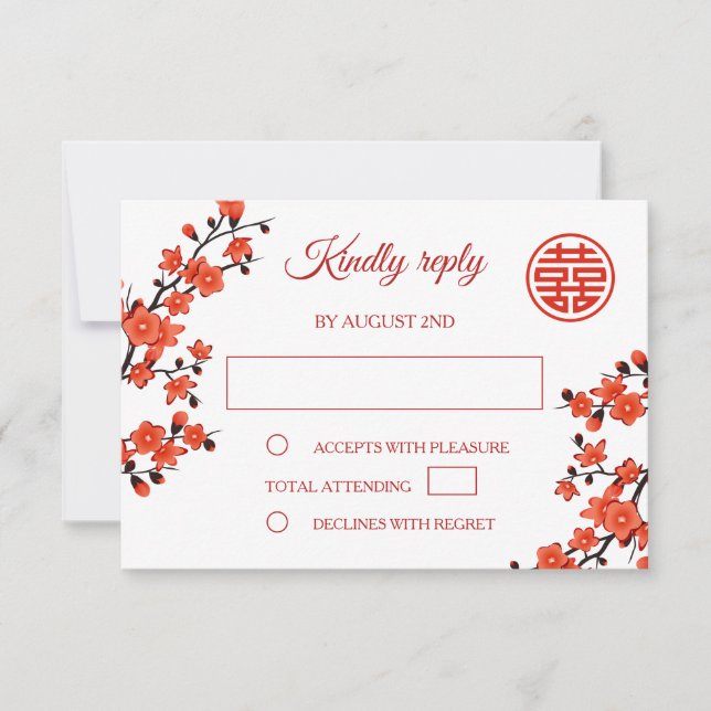 Red Cherry Blossom Chinese Wedding RSVP Card (Front)