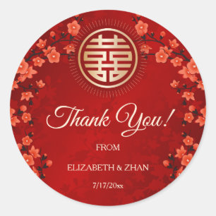 Red Cherry Blossom  Chinese Wedding Thank You Classic Round Sticker