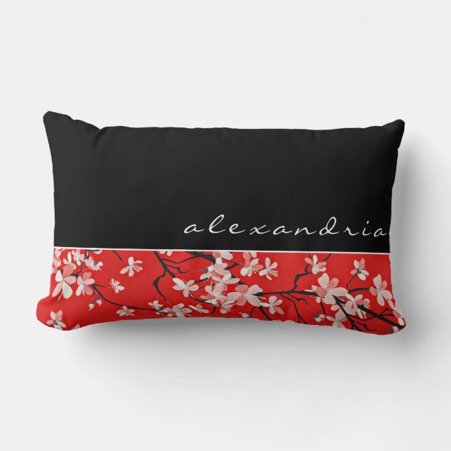 Red Cherry Blossom Floral | Black | Custom Name Lumbar Cushion (Front)