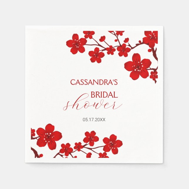 Red Cherry Blossom Floral Bridal Shower Napkin (Front)