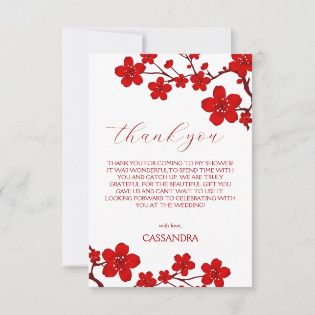 Red Cherry Blossom Floral Bridal Shower Thank You Card (Front)