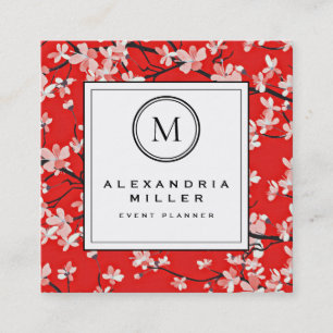 Red Cherry Blossom Floral   Monogram Square Business Card