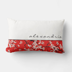 Red Cherry Blossom Floral   Personalised Name Lumbar Cushion