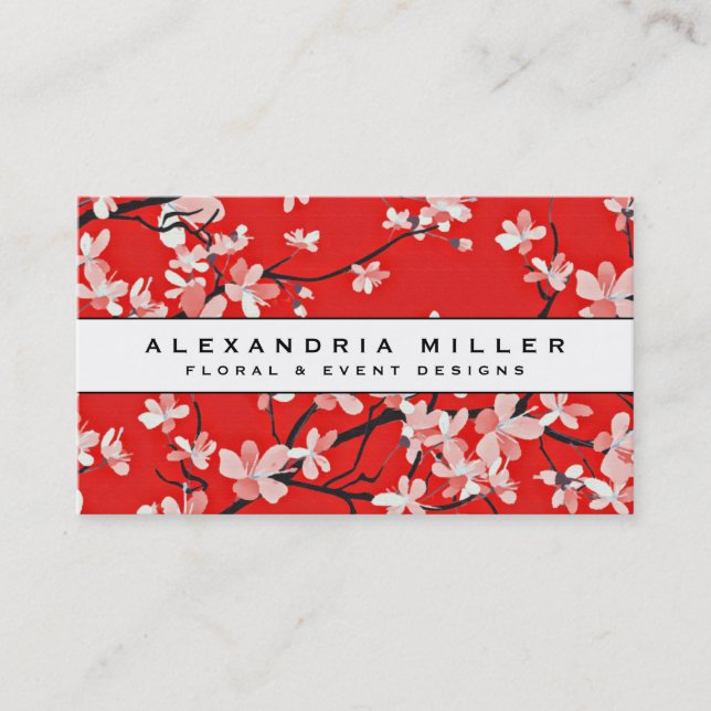 Red Cherry Blossom Floral White Banner Business Card (Front)