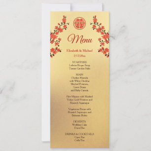 Red  Cherry Blossom Gold Chinese Wedding Menu Invitation