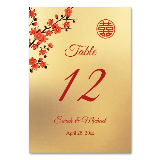 Red Cherry Blossom Gold Chinese Wedding Table Number (Front)