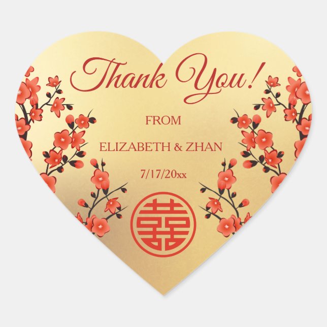 Red Cherry Blossom Gold Chinese Wedding Thank You Heart Sticker (Front)