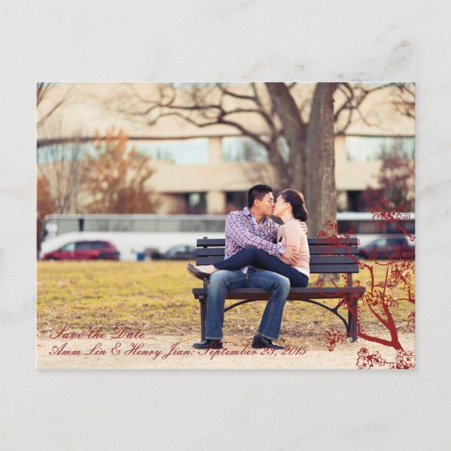 Red Cherry Blossom Oriental Wedding Save the Date Announcement Postcard (Front)