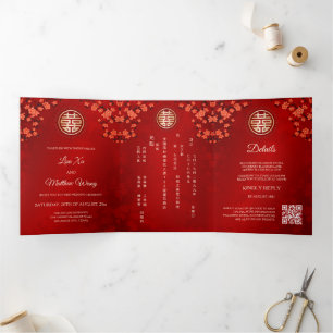 Red Cherry Blossom Red   Chinese Wedding Tri-Fold Invitation