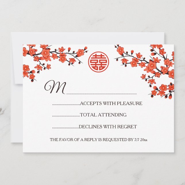 Red Cherry Blossom RSVP Chinese Wedding Invitation (Front)