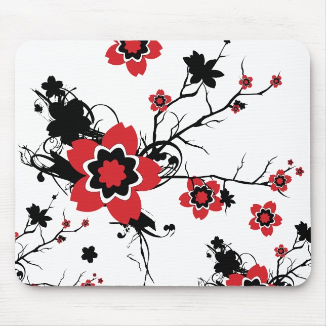 Red Cherry Blossom Sakura Design Mouse Mat (Front)