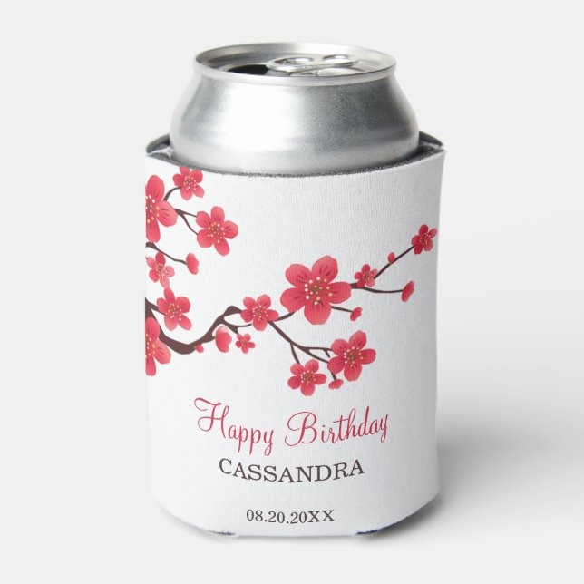 Red Cherry Blossom Sakura Floral Birthday Can Cooler (Can Front)