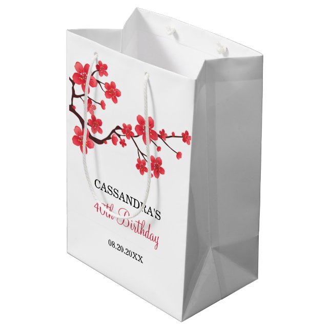 Red Cherry Blossom Sakura Floral Birthday Medium Gift Bag (Back Angled)