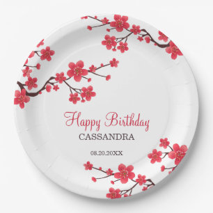 Red Cherry Blossom Sakura Floral Birthday Paper Plate