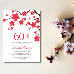 Red Cherry Blossom Sakura Rustic Floral Birthday Invitation