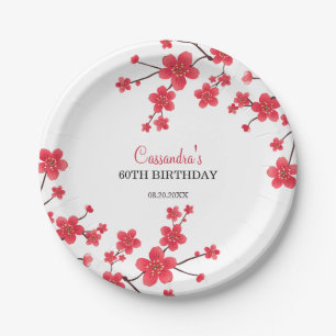 Red Cherry Blossom Sakura Rustic Floral Birthday Paper Plate