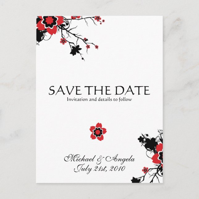 Red Cherry Blossom Sakura Save the Date Announcement Postcard (Front)