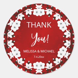 Red Cherry Blossom Thank You Wedding Favour   Classic Round Sticker