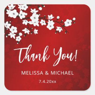 Red Cherry Blossom Thank You Wedding Favour Square Sticker