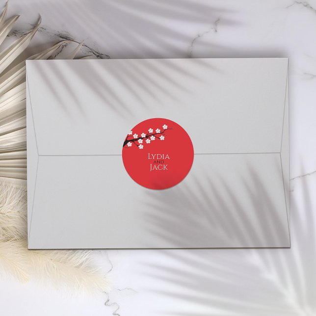 Red Cherry Blossom Themed Wedding Classic Round Sticker (Creator Uploaded)