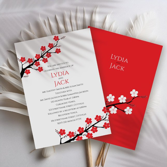 Red Cherry Blossom Themed Wedding Invitation (Creator Uploaded)