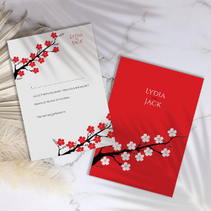 Red Cherry Blossom Themed Wedding RSVP Card